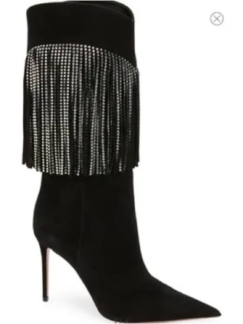 Amina Muaddi Black Suede Rhinestone Fringe Stiletto Boot